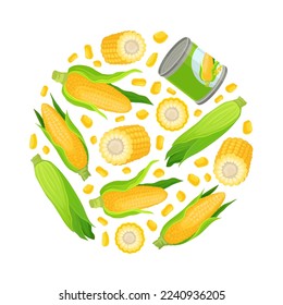 Sweet corn of circular shape. Natural organic farm product backdrop, packaging, banner, poster desgn cartoon vector