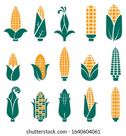 Sweet corn cobs minimal abstract icons set. Cereal grain, food plant, maize logo for farming, grocery market tag, packaging design collection in orange and green colors. Graphic vector illustration.