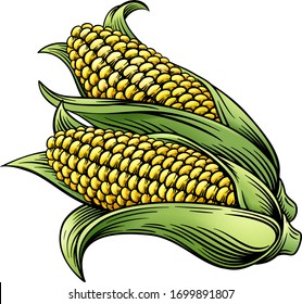 A sweet corn ear maize woodcut print etching vintage style illustration