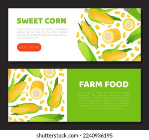 Sweet corn horizontal banner. Natural organic product landing page, web banner cartoon vector