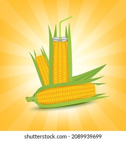 Zumo de maíz dulce, refresco con lata de aluminio y paja. Aislado en un fondo amarillo. Concepto de bebida de fruta saludable. Ilustración de EPS10 vector 3D realista.