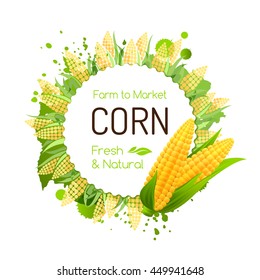 Sweet corn label. Vector banner with maize cobs. Decorative frame for package design.