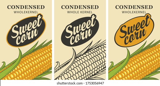 Sweet corn labels in retro style. Set of vector labels or banners for Sweet corn with corn cob and inscription on a light background