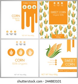 Sweet corn labels set. Collection of banners for pack design. Vegetarian food tags