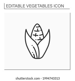 Icono de la línea de maíz dulce. Verdura comestible. Comida dietética. Nutrición vegetariana saludable. Beneficios de la salud. Concepto de agricultura. Ilustración vectorial aislada. Trazo editable