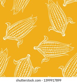 Sweet corn seamless pattern on yellow background. Simple vector monochrome illustration of maize. Cereal crop outline.