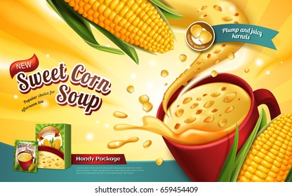 sweet corn soup ad, with special effect and corn elements, 3d illustration 