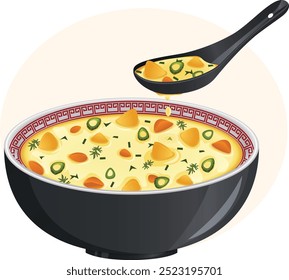 Cuenco de sopa de maíz dulce con cuchara de sopa. Patatas, zanahorias, maíz dulce y especias. Ilustración detallada de la sopa asiática 