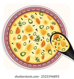 Sweet Corn Soup Bowl Top View. Potatoes, Carrots, Sweet Corn, Herbs and Spices. Authentic Asian Soup Detailed Illustration 