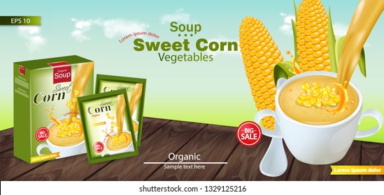 Sweet corn soup Vector realistic. Product placement mock up. Green fields background. 3d illustrations