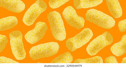 Sweet corn sticks, seamless pattern on white background. Realistic vector illustration. Fast snacks for rest. Use for for advertising, packaging.