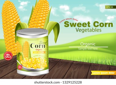 Sweet corn Vector realistic. Metal tin. Product package mock up. Label design. 3d detailed illustrations