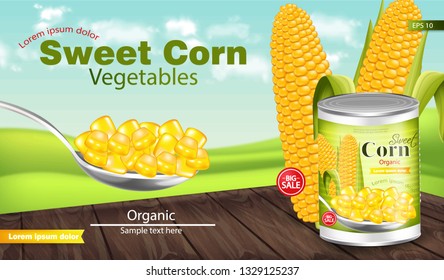 Sweet corn Vector realistic. Metal tin. Product package mock up. Label design. 3d detailed illustrations