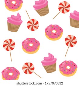 Sweet corner background. Vector illustration of sweets, donuts anf cupcakes.