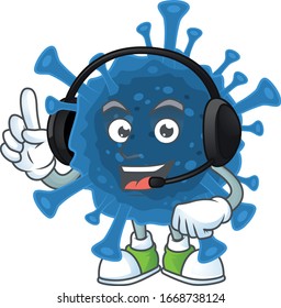 Sweet coronavirus desease cartoon character design speaking on a headphone