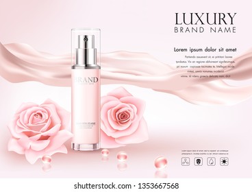 Sweet cosmetic advertising with roses petal on pink background Vector illustration.