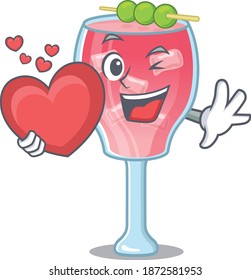 A sweet cosmopolitan cocktail cartoon character style holding a big heart