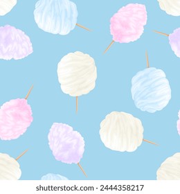 Sweet cotton candy on blue background. Sugar clouds seamless pattern. Vector cartoon illustration. 