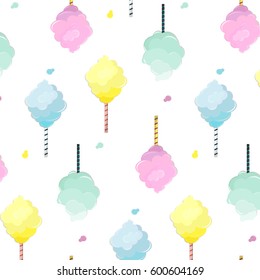 Sweet cotton candy pattern. Cute food texture. Dessert kids decoration with light pink, mint, blue and yellow sugar clouds. Soft pastel fluffy print