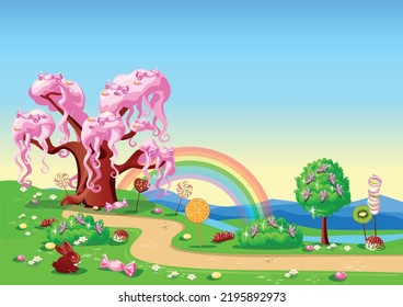 Sweet cotton candy tree in candy land. Fairy tale tree surrounded by sweets, candies and sugar fruits. Vector illustration of a fairytale landscape.