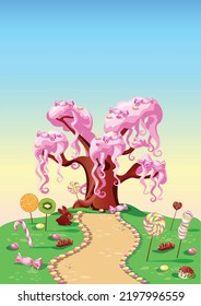 Sweet cotton candy tree in candy land. Fairy tale tree surrounded by sweets, candies and sugar fruits. Vector illustration of a fairytale landscape.