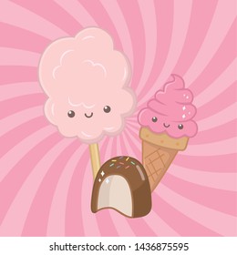 sweet cotton sugar and candies kawaii characters