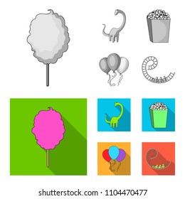 Sweet cotton wool on a stick, a toy dragon, popcorn in a box, colorful balloons on a string. Amusement park set collection icons in monochrome,flat style vector symbol stock illustration web.