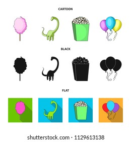 Sweet cotton wool on a stick, a toy dragon, popcorn in a box, colorful balloons on a string. Amusement park set collection icons in cartoon,black,flat style vector symbol stock illustration web.