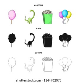 Sweet cotton wool on a stick, a toy dragon, popcorn in a box, colorful balloons on a string. Amusement park set collection icons in cartoon,black,outline style vector symbol stock illustration web.