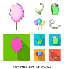 Sweet cotton wool on a stick, a toy dragon, popcorn in a box, colorful balloons on a string. Amusement park set collection icons in cartoon,flat style vector symbol stock illustration web.
