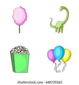 Sweet cotton wool on a stick, a toy dragon, popcorn in a box, colorful balloons on a string. Amusement park set collection icons in cartoon style vector symbol stock illustration web.