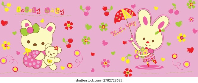 Sweet couple bear and bunny sharing a pink umbrella, lovely romantic cartoon character vector for baby girls fashion.