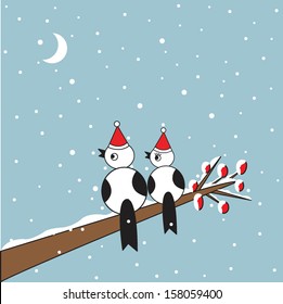 Sweet couple birds on Christmas night illustration
