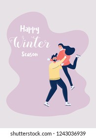 Sweet Couple boy and girl skating in the winter season. Man raising his girlfriend. Merry Christmas and Happy New Year. Cartoon Vector Illustration.