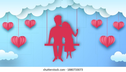sweet couple boy and girl swing romance silhouette for valentine's day greeting card template. paper cut style illustration with blue pastel background