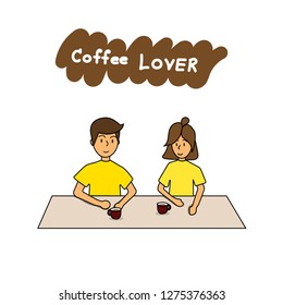 sweet couple is at cafe drinking coffee , wear couple t-shirt,Valentine's Day concept