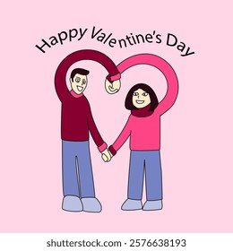 Sweet couple celebrating Valentine's Day. Forming heart shape with their arms. Love and happiness.