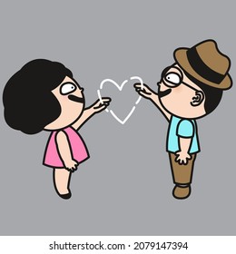 Sweet Couple is Connecting Their Heart Shaped Sign Icon Concept Card Character illustration