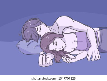 sweet couple cuddling sleeping in bed at night in side view relax position romantic warm touching felling vector illustration in anime cartoon style