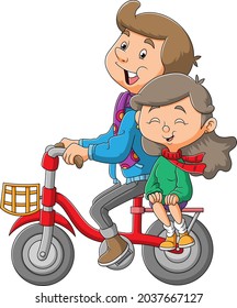 The sweet couple is cycling the bicycle together of illustration