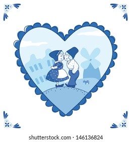 Sweet couple in Delft blue-style. EPS 10. No transparency. No gradients.