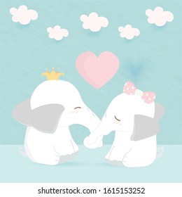 the sweet couple of elephant are kissing between pink heart.happy animal lover show warm.yellow crown put on boy head and adorable bow over girl.cartoon character for valentines day.