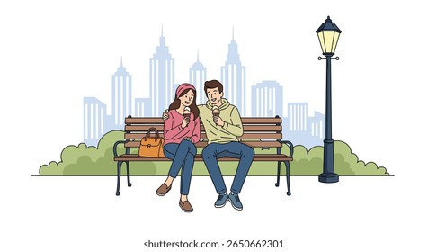 A sweet couple enjoys a quiet moment together on a park bench surrounded by city skyscrapers and lush greenery while sharing food and each other's company under a lamppost