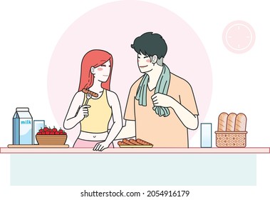 sweet couple have meal in the kitchen with romantic mood character cartoon design 