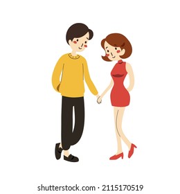 Sweet couple holding hands and being together cute cartoon charactor flat vector illustration isolated on white background. Happy Valentine's Day.