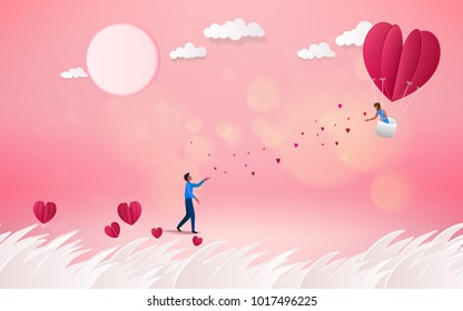 Sweet couple in a hot air balloon on honeymoon vacation summer holidays romance. Love concept. Happy Valentine's Day wallpaper, poster, card. Vector illustration.