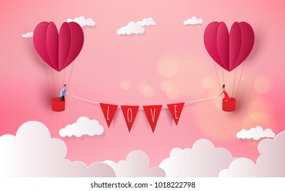 Sweet couple in a hot air balloon on honeymoon vacation summer holidays romance. Love concept. Happy Valentine's Day wallpaper, poster, card. Vector illustration.