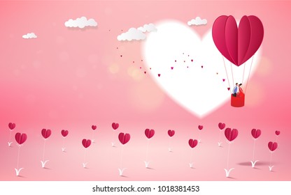 Sweet couple in a hot air balloon on honeymoon vacation summer holidays romance. Love concept. Happy Valentine's Day wallpaper, poster, card. Vector illustration.