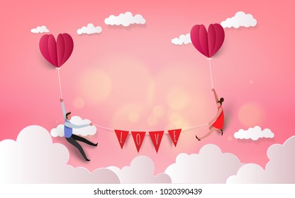 Sweet couple in a hot air balloon on honeymoon vacation summer holidays romance. Love concept. Happy Valentine's Day wallpaper, poster, card. Vector illustration.