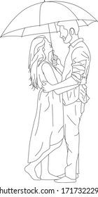 Sweet couple hugging each other under the umbrella